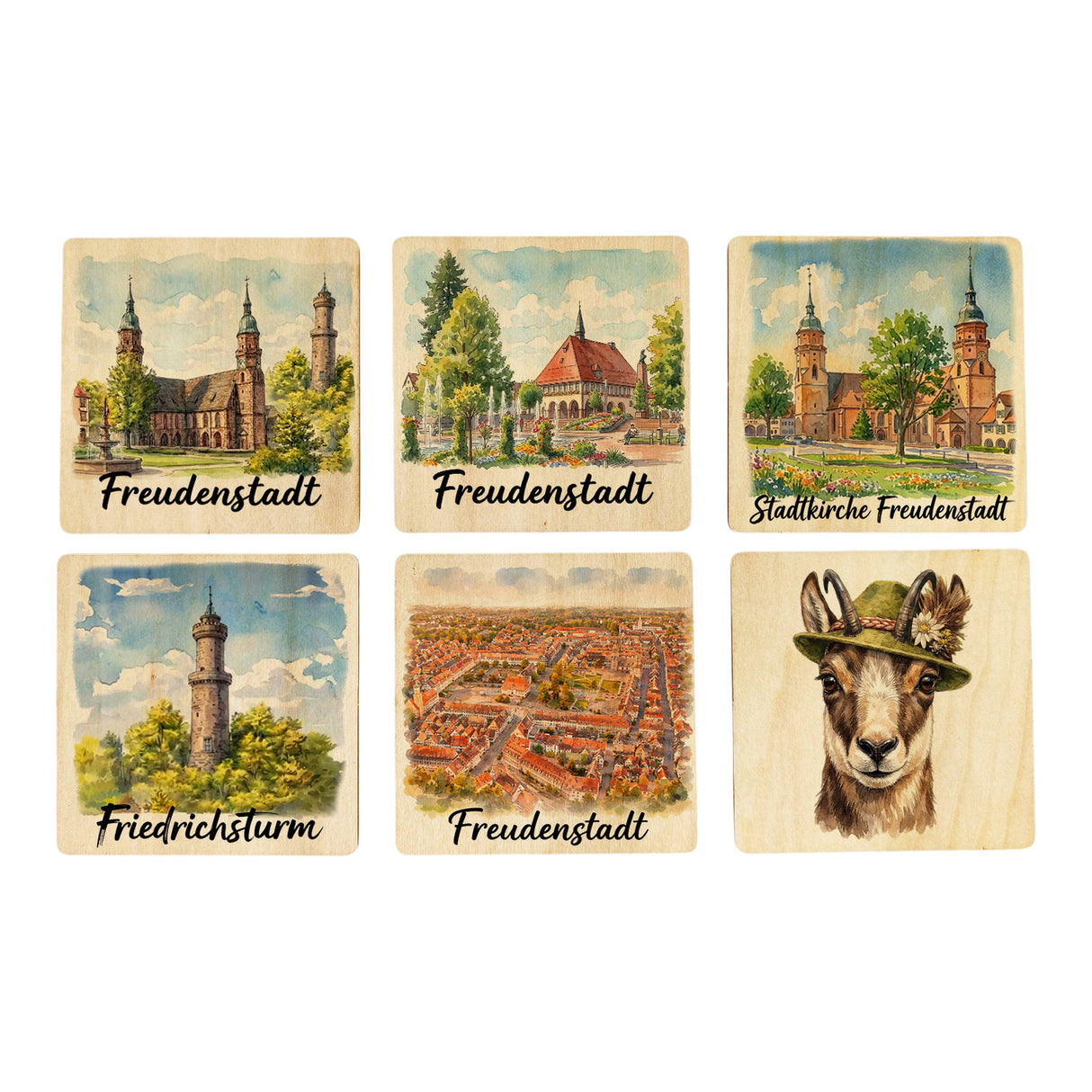Friedrichsturm Stadtkirche Freudenstadt Aquarell 6er Set Untersetzer aus Holz