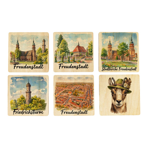 Friedrichsturm Stadtkirche Freudenstadt Aquarell 6er Set Untersetzer aus Holz