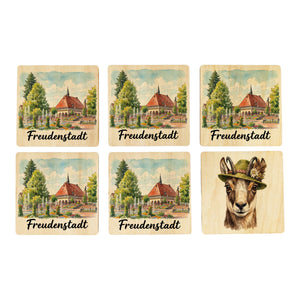 Freudenstadt 6er Set Untersetzer aus Holz mit Rathaus-Motiv