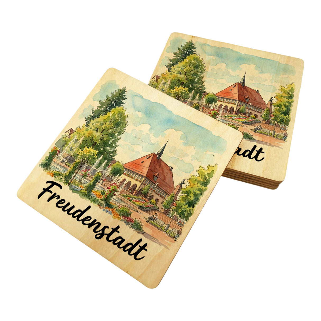 Freudenstadt 6er Set Untersetzer aus Holz mit Rathaus-Motiv
