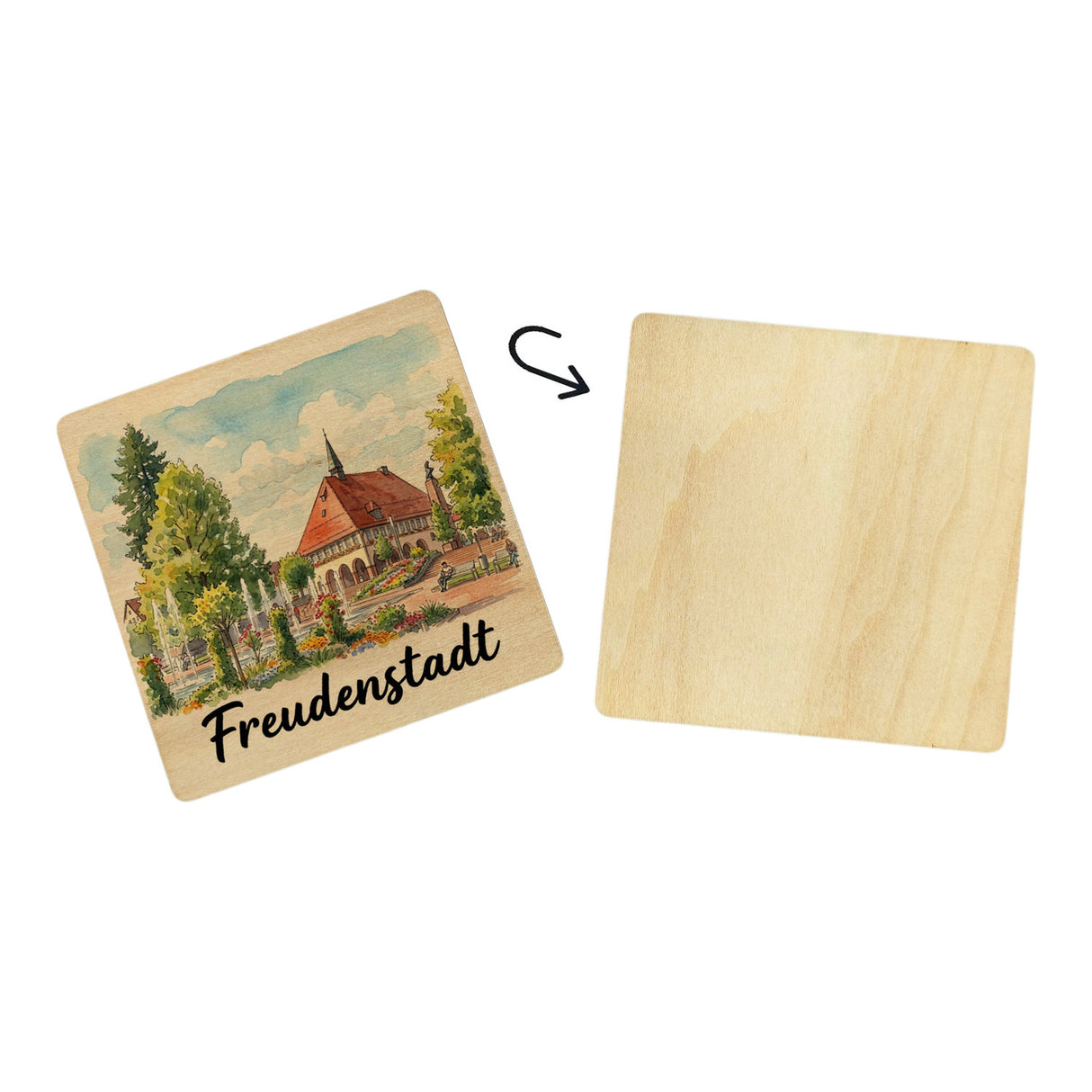 Freudenstadt 6er Set Untersetzer aus Holz mit Rathaus-Motiv