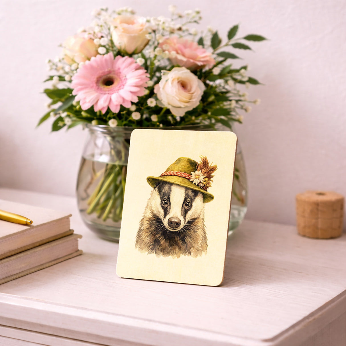 Dachs mit alpenländischem Trachtenhut Postkarte aus Holz