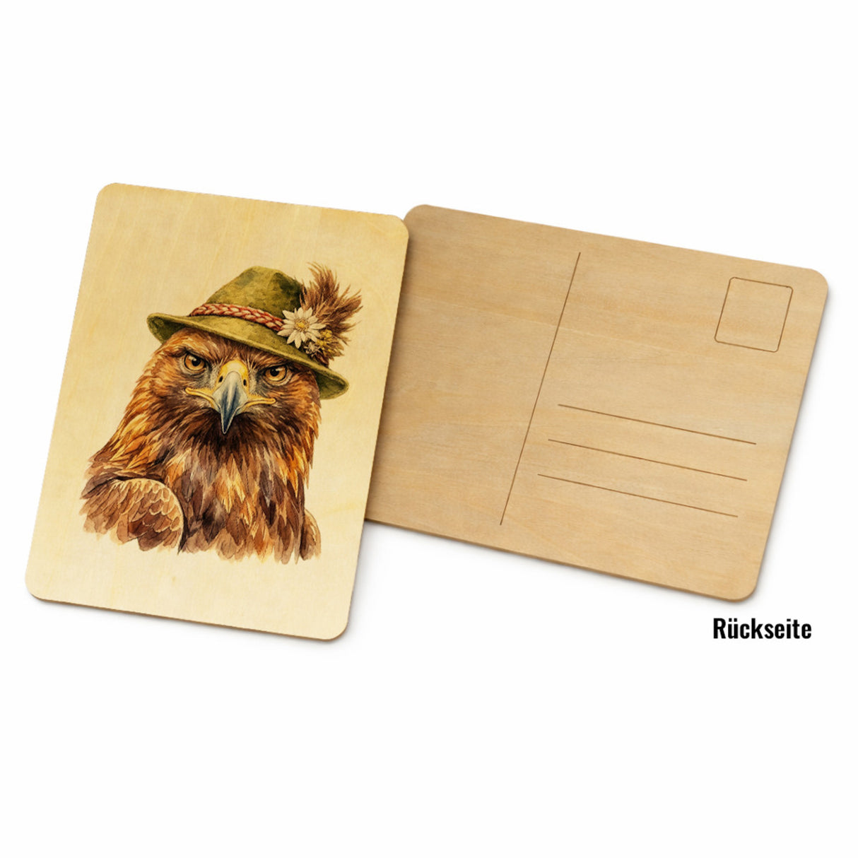 Steinadler mit alpenländischem Trachtenhut Postkarte aus Holz