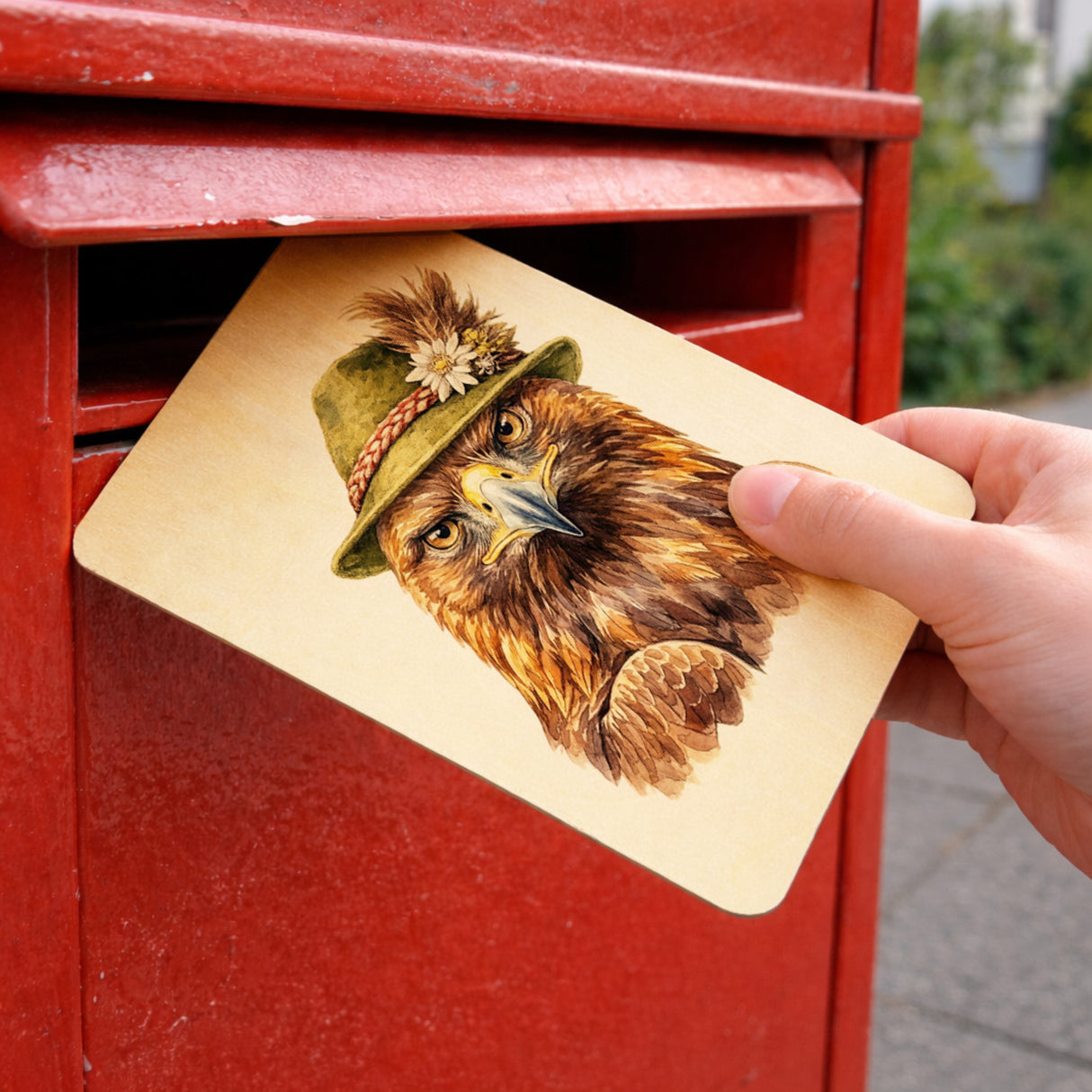 Steinadler mit alpenländischem Trachtenhut Postkarte aus Holz