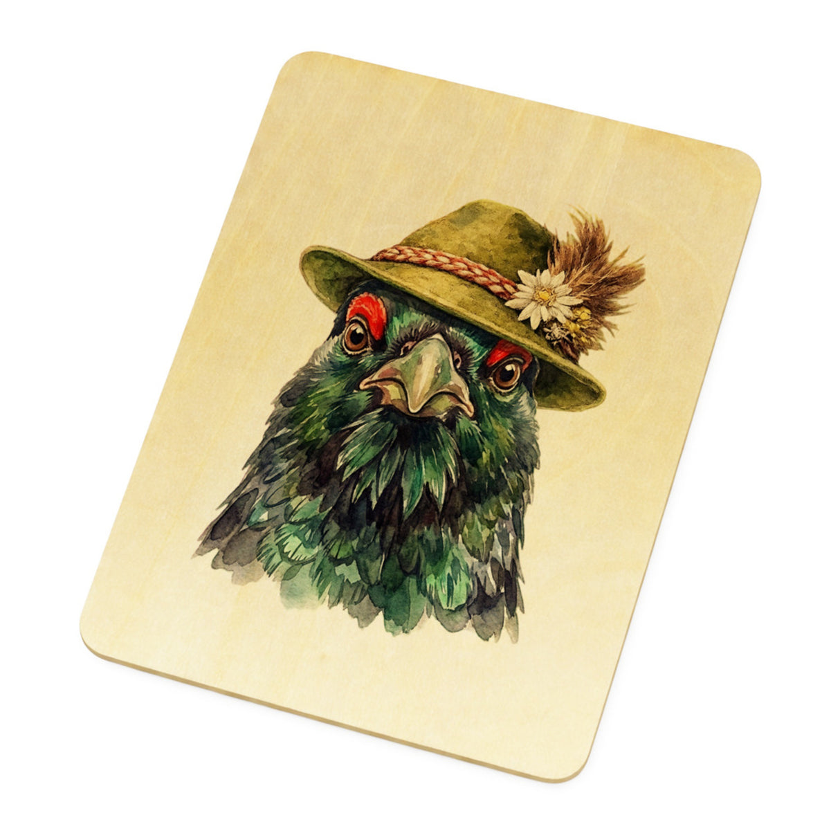 Auerhuhn mit alpenländischem Trachtenhut Postkarte aus Holz