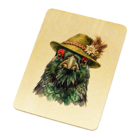 Auerhuhn mit alpenländischem Trachtenhut Postkarte aus Holz