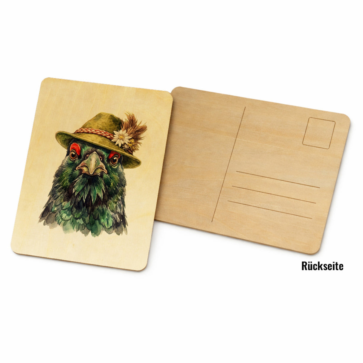 Auerhuhn mit alpenländischem Trachtenhut Postkarte aus Holz