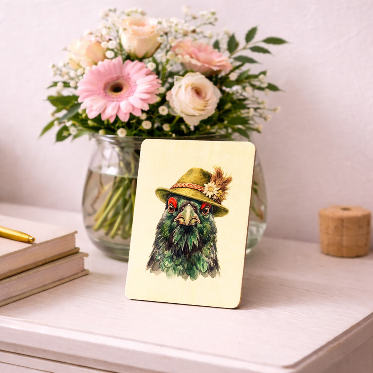 Auerhuhn mit alpenländischem Trachtenhut Postkarte aus Holz