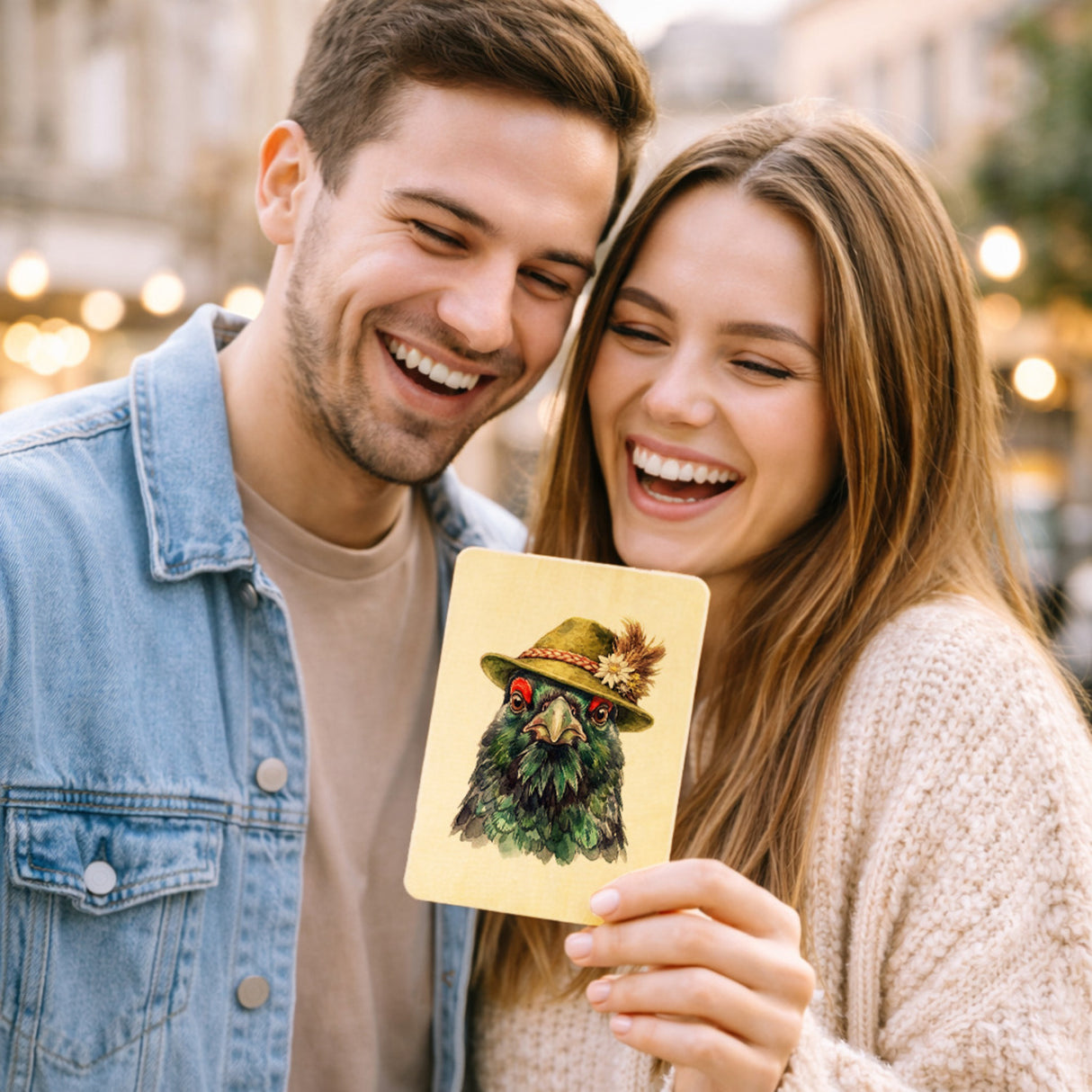 Auerhuhn mit alpenländischem Trachtenhut Postkarte aus Holz