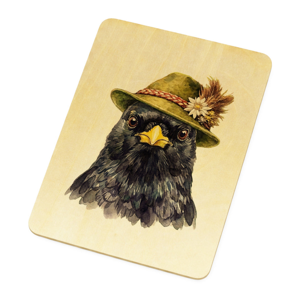 Alpendohle mit alpenländischem Trachtenhut Postkarte aus Holz