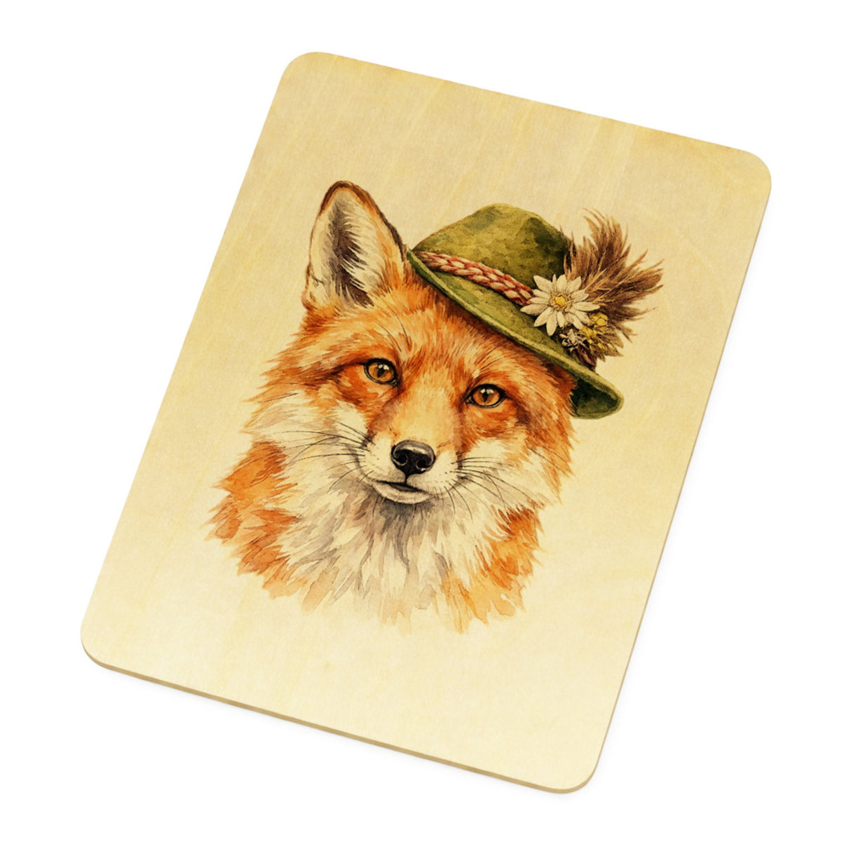 Fuchs mit alpenländischem Trachtenhut Postkarte aus Holz