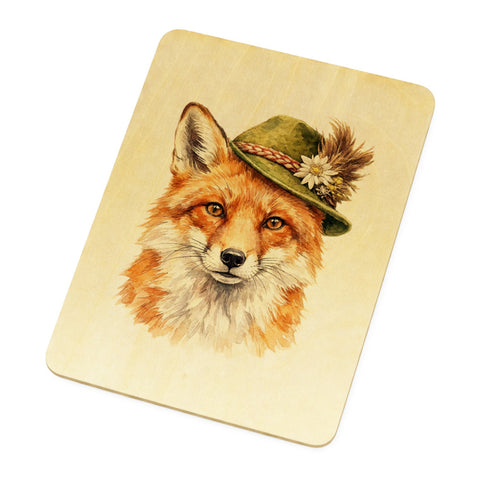 Fuchs mit alpenländischem Trachtenhut Postkarte aus Holz