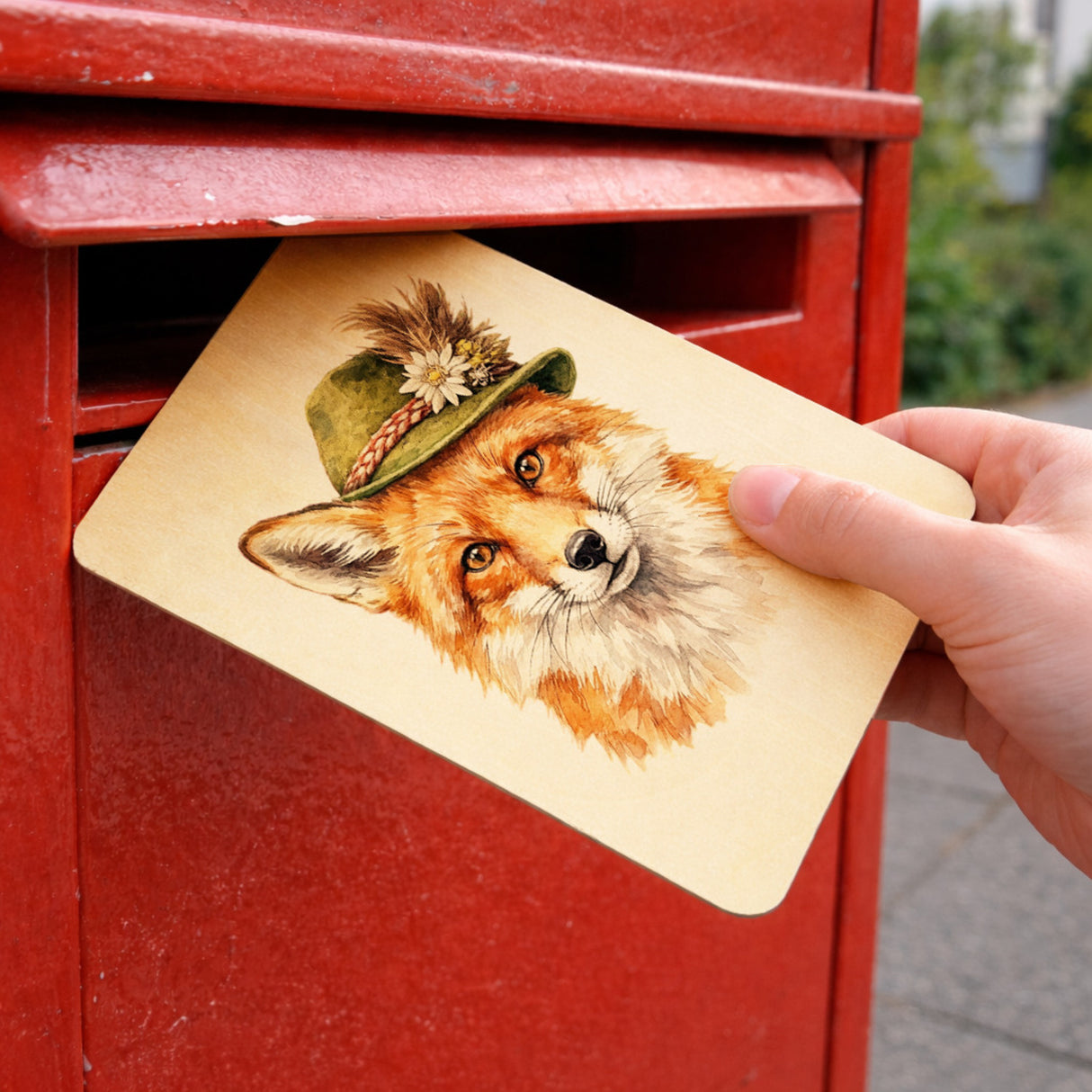 Fuchs mit alpenländischem Trachtenhut Postkarte aus Holz