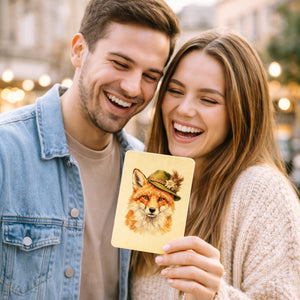 Fuchs mit alpenländischem Trachtenhut Postkarte aus Holz