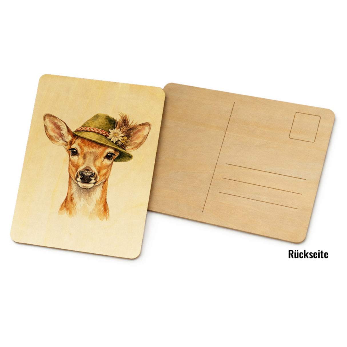 Reh mit alpenländischem Trachtenhut Postkarte aus Holz