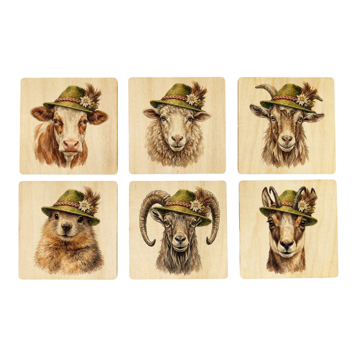 Zillertaler Alpentiere von Alm und Berg 6er Set Untersetzer aus Holz