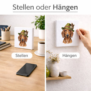 Trachtenhut Trend-Tiere Dackel Holzbild in 10x10 cm zum Stellen oder Aufhängen