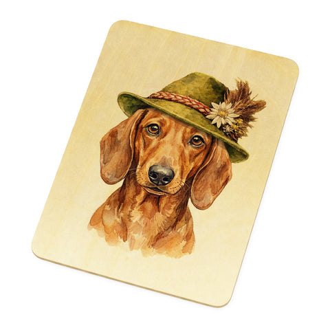 Dackel mit alpenländischem Trachtenhut Postkarte aus Holz