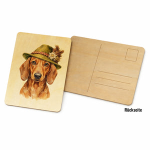 Dackel mit alpenländischem Trachtenhut Postkarte aus Holz