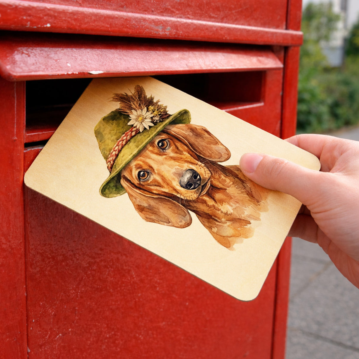 Dackel mit alpenländischem Trachtenhut Postkarte aus Holz