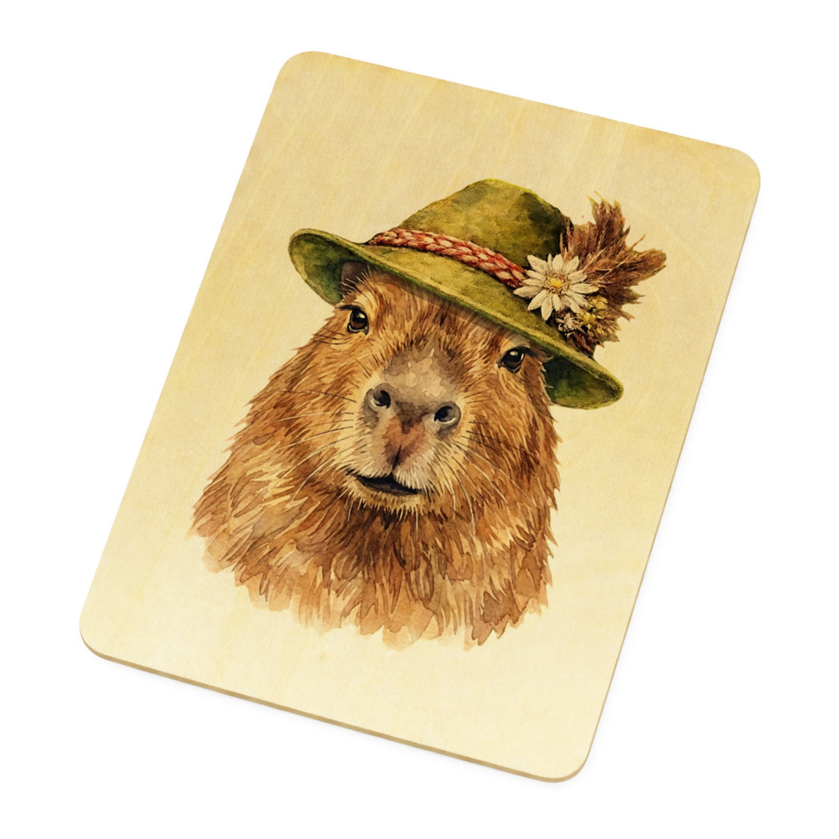 Capybara mit alpenländischem Trachtenhut Postkarte aus Holz