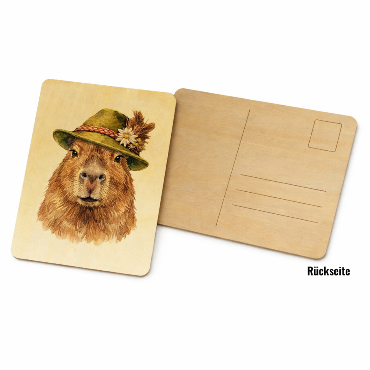Capybara mit alpenländischem Trachtenhut Postkarte aus Holz