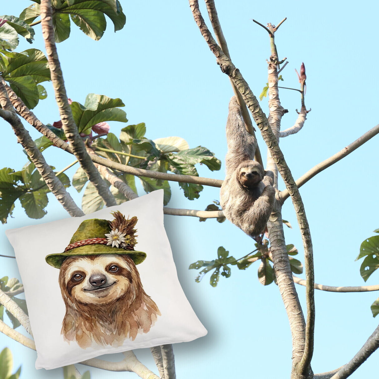 Faultier mit alpenländischem Trachtenhut Kissen