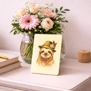 Faultier mit alpenländischem Trachtenhut Postkarte aus Holz