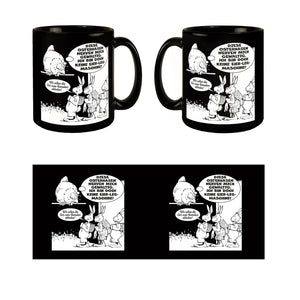 Osterhase und Huhn Tasse in Schwarz mit Spruch: Osterhasen nerven, keine Eier-Maschine!