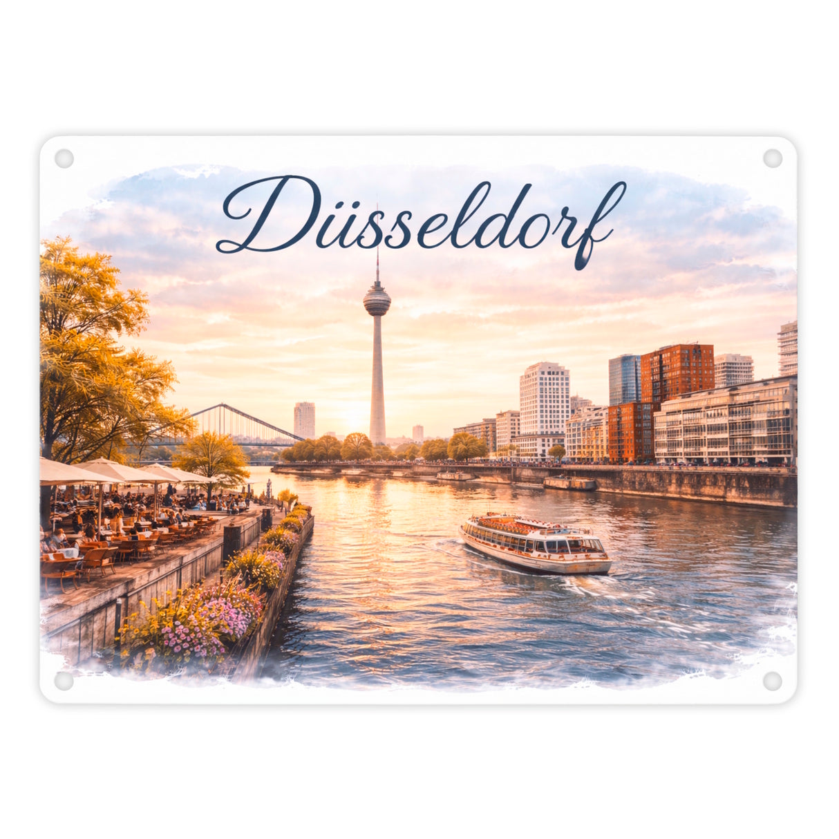 Düsseldorf Skyline Rheinturm Flussufer Metallschild in 15x20 cm