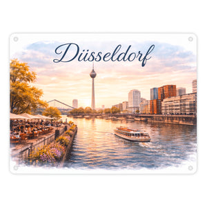 Düsseldorf Skyline Rheinturm Flussufer Metallschild in 15x20 cm