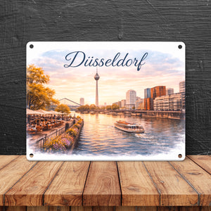 Düsseldorf Skyline Rheinturm Flussufer Metallschild in 15x20 cm