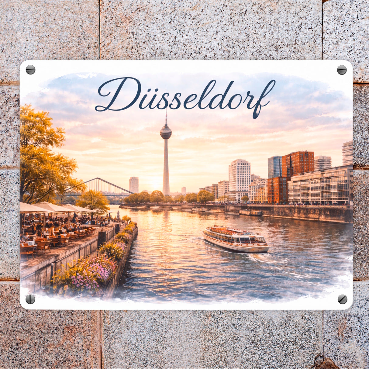 Düsseldorf Skyline Rheinturm Flussufer Metallschild in 15x20 cm