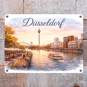 Düsseldorf Skyline Rheinturm Flussufer Metallschild in 15x20 cm