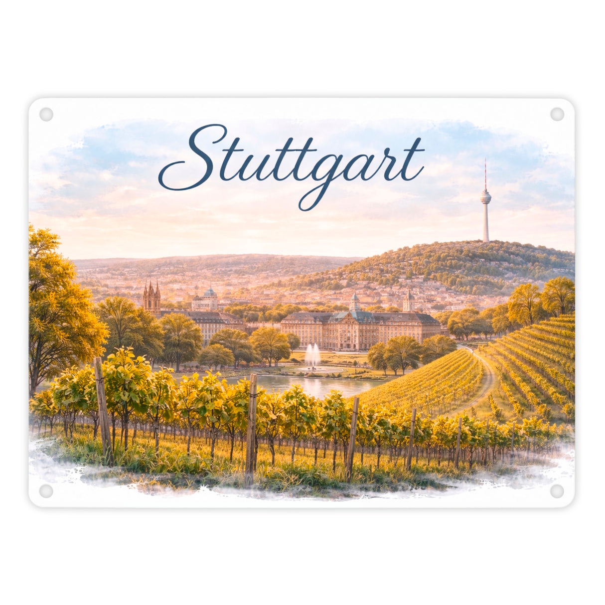 Stuttgart Skyline Weinberge Fernsehturm Metallschild in 15x20 cm
