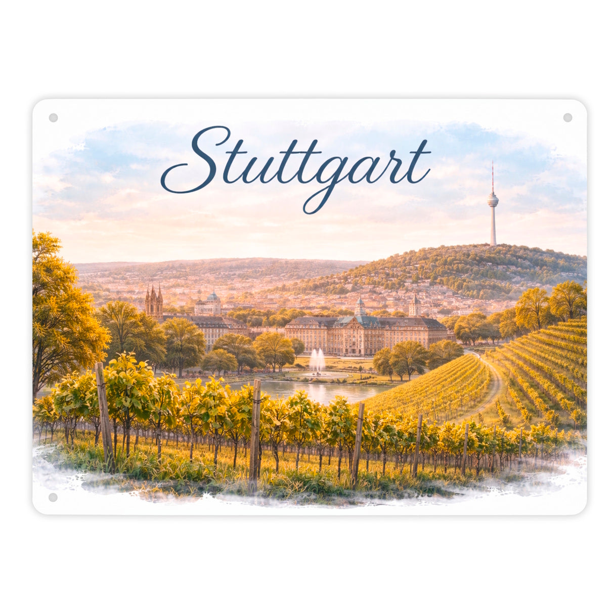 Stuttgart Skyline Weinberge Fernsehturm Metallschild in 15x20 cm