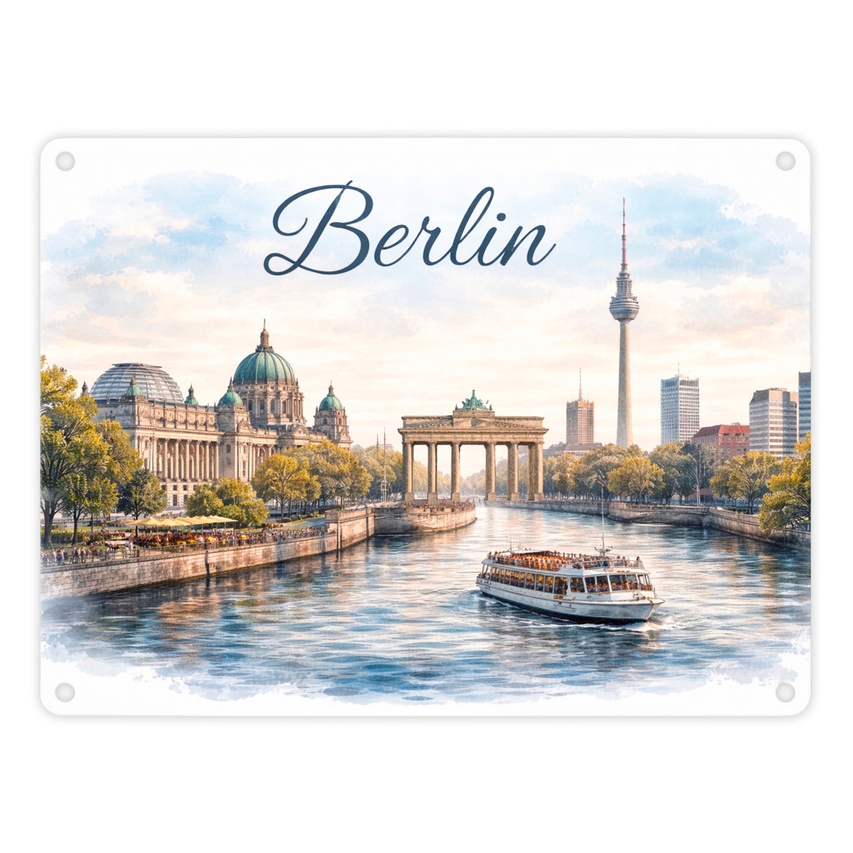 Berlin Skyline Metallschild in 15x20 cm Brandenburger Tor Aquarell
