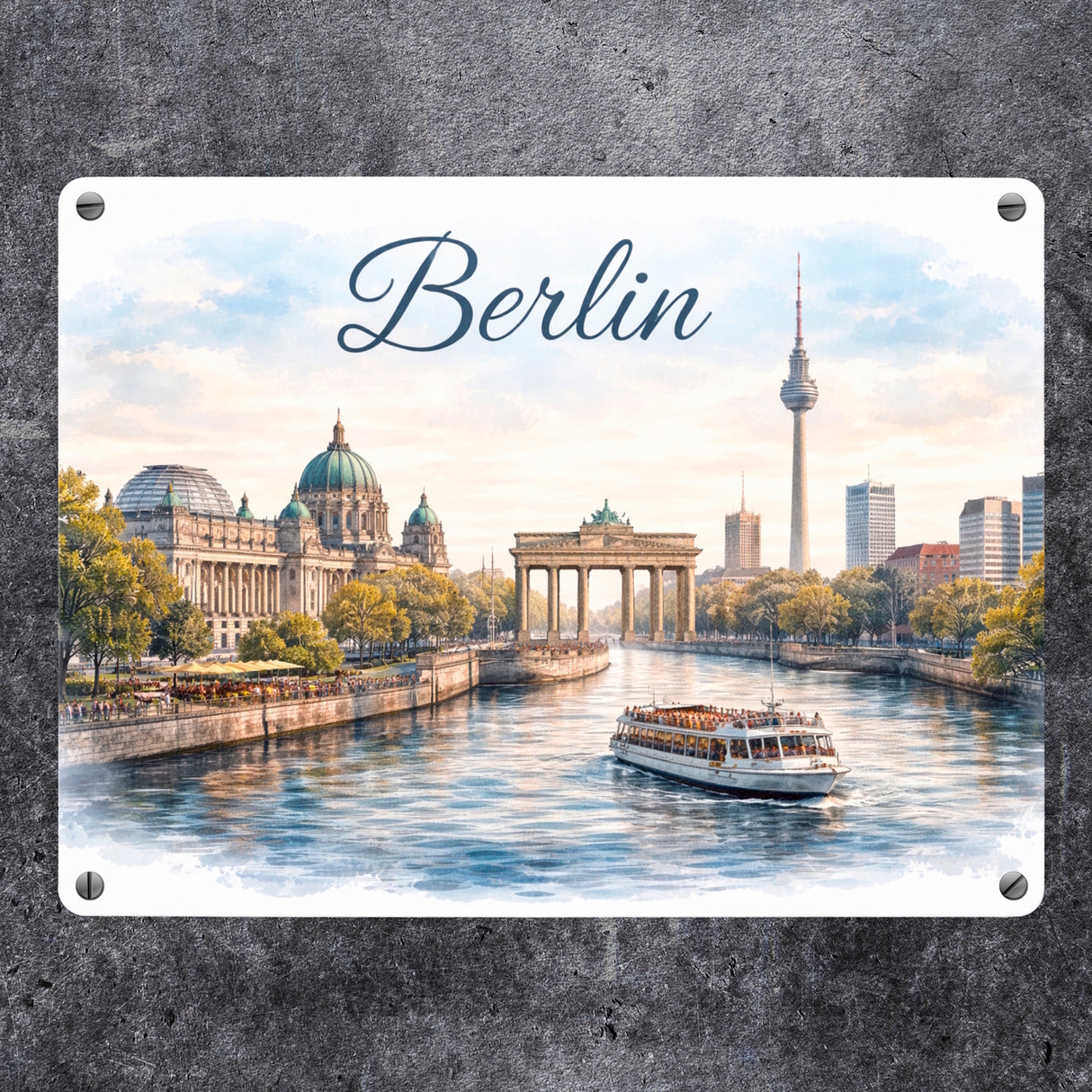 Berlin Skyline Metallschild in 15x20 cm Brandenburger Tor Aquarell