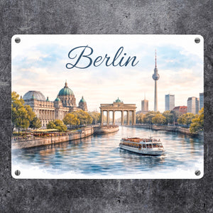 Berlin Skyline Metallschild in 15x20 cm Brandenburger Tor Aquarell