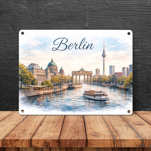 Berlin Skyline Metallschild in 15x20 cm Brandenburger Tor Aquarell