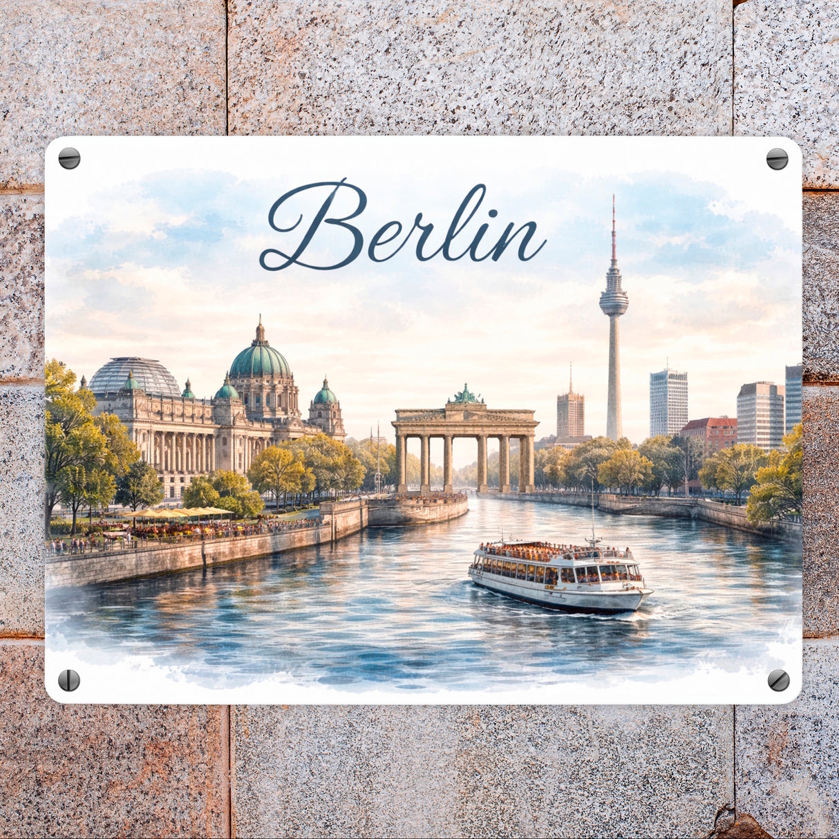 Berlin Skyline Metallschild in 15x20 cm Brandenburger Tor Aquarell