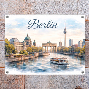 Berlin Skyline Metallschild in 15x20 cm Brandenburger Tor Aquarell