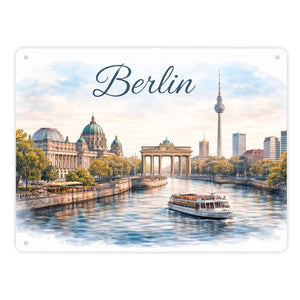 Berlin Skyline Metallschild in 15x20 cm Brandenburger Tor Aquarell