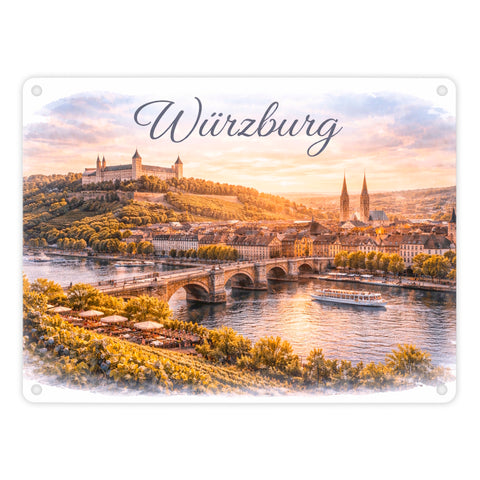 Würzburg Skyline Alte Mainbrücke und Festung Metallschild in 15x20 cm