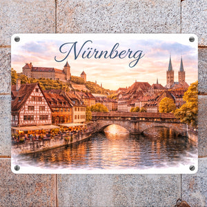 Nürnberg Stadtansicht bei Sonnenuntergang Metallschild in 15x20 cm