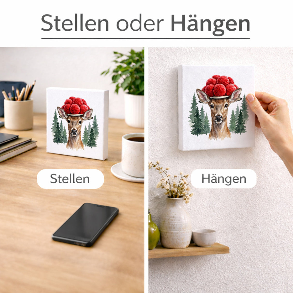 Schwarzwald Bollenhut - Wiese und Waldrand Tier Reh Holzbild in 10x10 cm zum Stellen oder Aufhängen