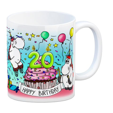 Honeycorns Tasse zum 20. Geburtstag mit Muffin und Einhorn Party
