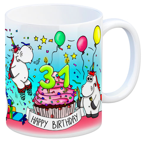 Honeycorns Tasse zum 31. Geburtstag mit Muffin und Einhorn Party