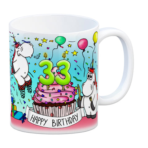 Honeycorns Tasse zum 33. Geburtstag mit Muffin und Einhorn Party