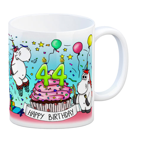 Honeycorns Tasse zum 44. Geburtstag mit Muffin und Einhorn Party